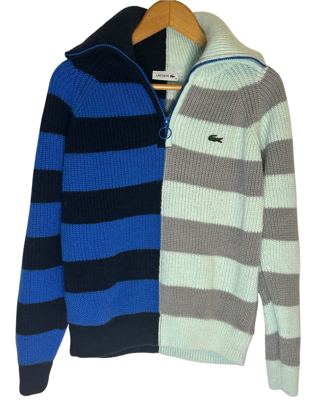 Lacoste Women's Wool Zip Neck Contrast Stripe Colorblock Sweater Size 4 (S)